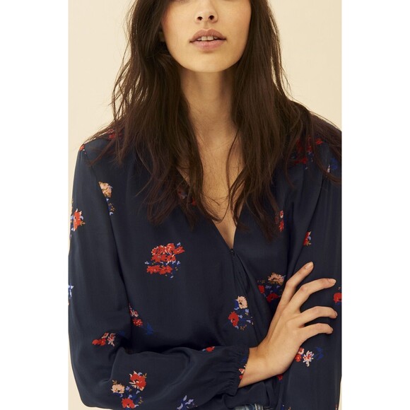 Ba&sh Carly Blouse Top Wrap Dark Blue Floral Printed Flowy Long Sleeve S 251853 - Picture 3 of 7
